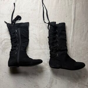Womens 8.5 Black Faux Suede Mid-Calf Slouchy Boots Sweater Cuff Lace-Up Zip Flat